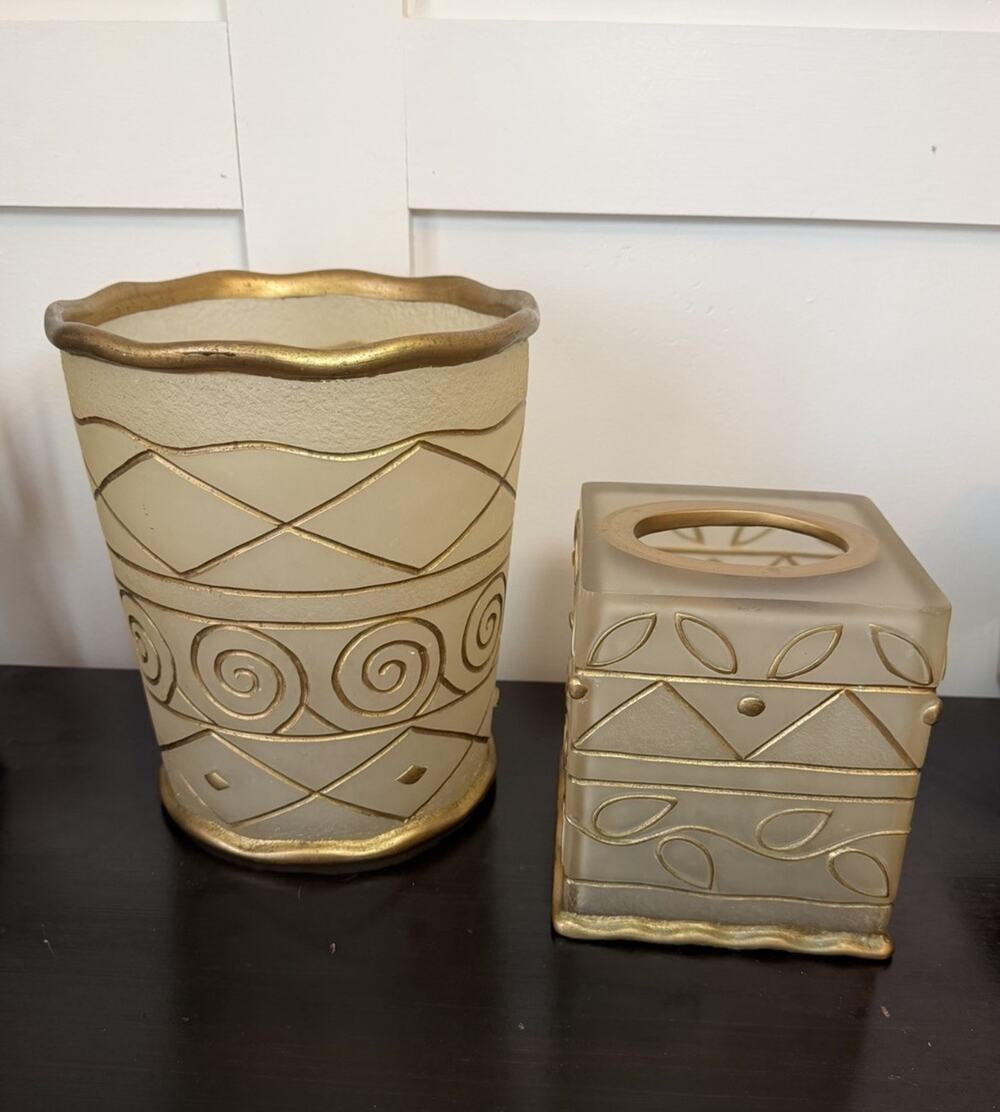 Wamsutta Monique Hollywood Regency Style Wastebasket Tissue Box Frosted Gold VTG